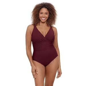 Aqua Green Women's L Red Surplice Trim Overlay One Piece Swimsuit Beach K26-23